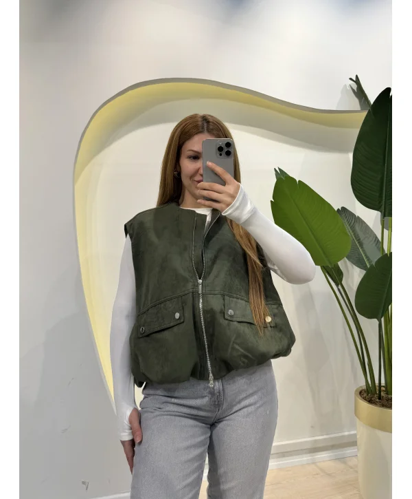 Fermuarlı Bomber Yelek - Haki