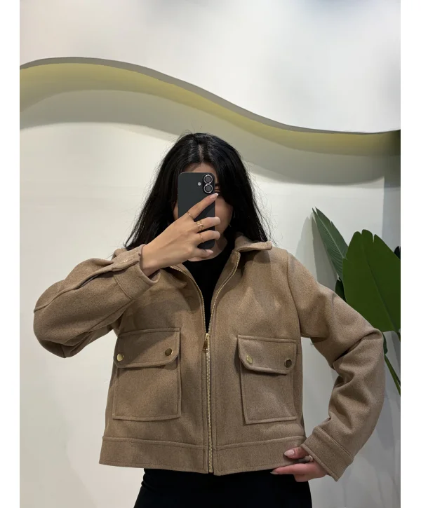 Gold Detaylı Kaşe Ceket - Vizon