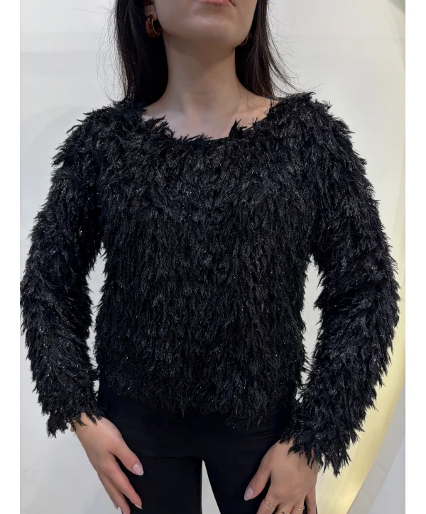 Simli Saçaklı Bluz - Siyah