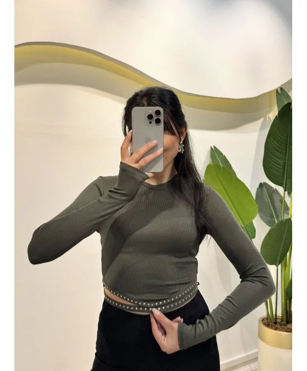 Bel Detaylı Crop Bluz - Haki