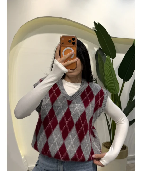 V Yaka Baklava Desen Süveter - Gri