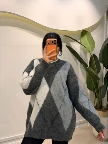 Baklava Desen Salaş Kazak - Gri