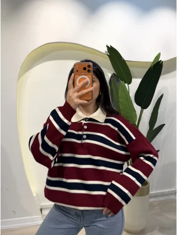 Çizgili Polo Yaka Kazak - Bordo Çizgili