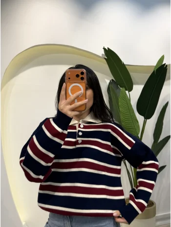 Çizgili Polo Yaka Kazak - Lacivert Çizgili