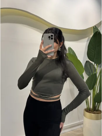 Bel Detaylı Crop Bluz - Haki