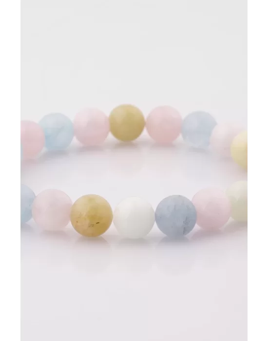 Akuamarin - Heliodor - Morganit Doğal Taş Bileklik 8 mm Küre Kesim, Gemstone Bracelet