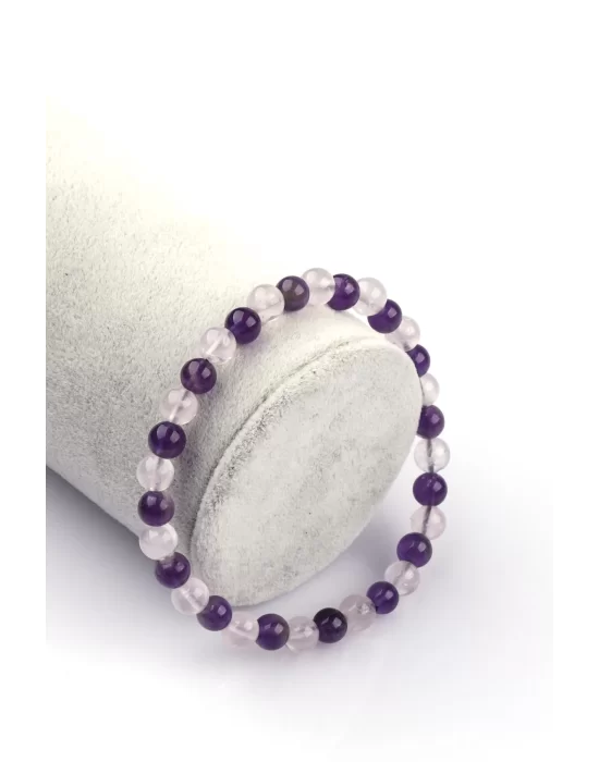 Ametist - Pembe Kuvars Doğal Taş Bileklik 6 mm Küre Kesim, Gemstone Bracelet