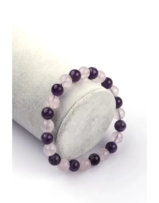 Ametist - Pembe Kuvars Doğal Taş Bileklik 8 mm Küre Kesim, Gemstone Bracelet