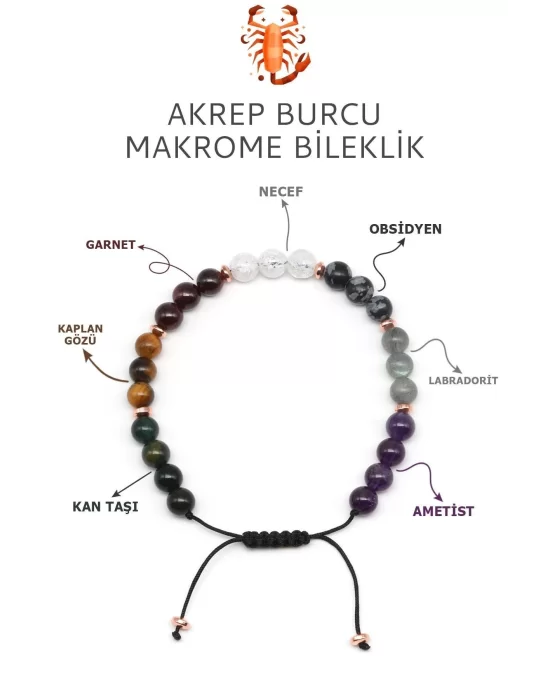 Akrep Burcu Taşlarından Oluşan Doğal Taş Makrome Bileklik 6 mm Küre Kesim - Burç Bilekliği - Akrep Burçları İçin Özel