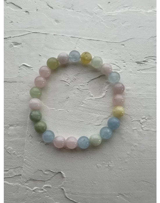 Akuamarin - Heliodor - Morganit Doğal Taş Bileklik 8 mm Küre Kesim, Gemstone Bracelet