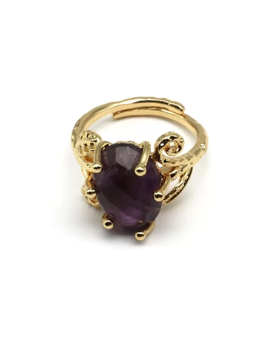 Ametist Doğal Taş Ayarlanabilir Gold Renk Yüzük, Gemstone Ring