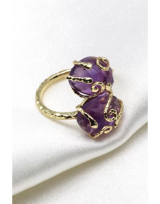 Ametist Doğal Taş Ayarlanabilir Gold Renk Yüzük, Gemstone Ring