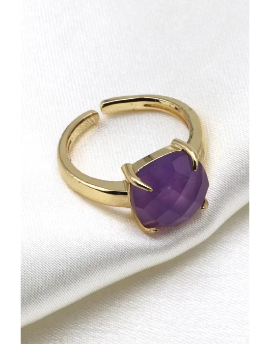 Ametist Doğal Taş Ayarlanabilir Gold Renk Yüzük, Gemstone Ring