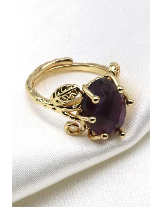 Ametist Doğal Taş Ayarlanabilir Gold Renk Yüzük, Gemstone Ring