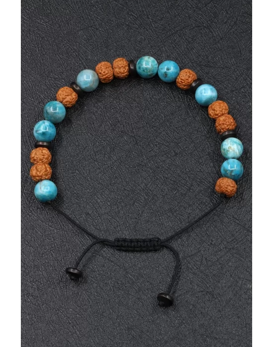 Apatit - Kokonat - Rudraksha Doğal Taş Makrome Örme Bileklik, Gemstone Bracelet