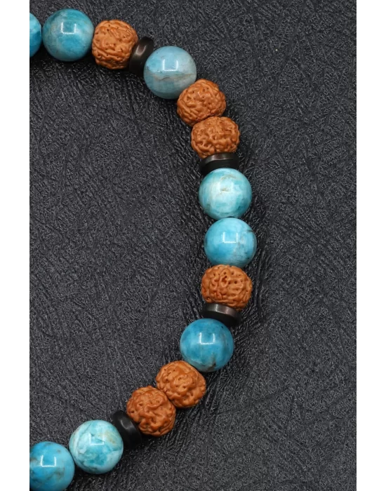 Apatit - Kokonat - Rudraksha Doğal Taş Makrome Örme Bileklik, Gemstone Bracelet