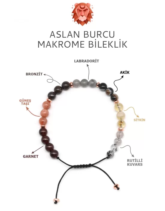 Aslan Burcu Taşlarından Oluşan Doğal Taş Makrome Bileklik 6 mm Küre Kesim - Burç Bilekliği - Aslan Burçları İçin Özel