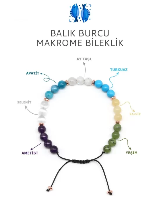 Balık Burcu Taşlarından Oluşan Doğal Taş Makrome Bileklik 6 mm Küre Kesim - Burç Bilekliği - Balık Burçları İçin Özel
