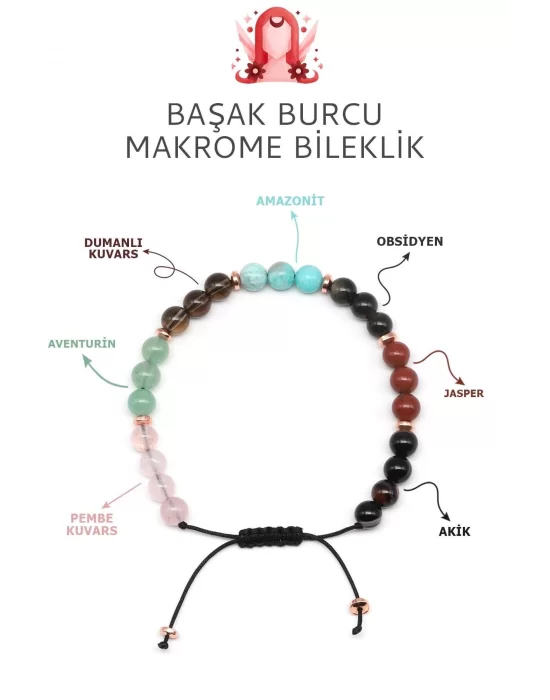 Başak Burcu Taşlarından Oluşan Doğal Taş Makrome Bileklik 6 mm Küre Kesim - Burç Bilekliği - Başak Burçları İçin Özel