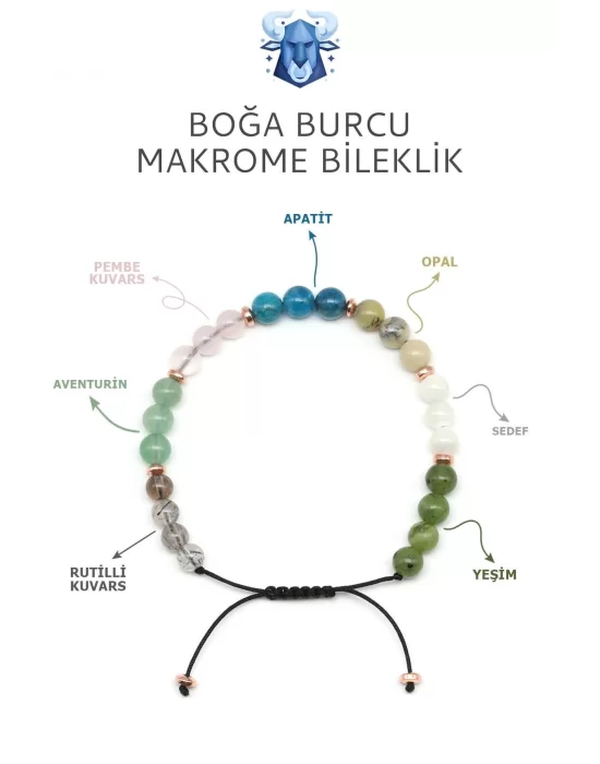 Boğa Burcu Taşlarından Oluşan Doğal Taş Makrome Bileklik 6 mm Küre Kesim - Burç Bilekliği - Boğa Burçları İçin Özel