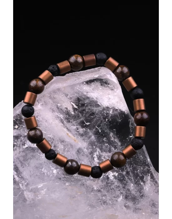 Bronzit - Hematit - Lav Doğal Taş Tasarım Bileklik, Gemstone Bracelet