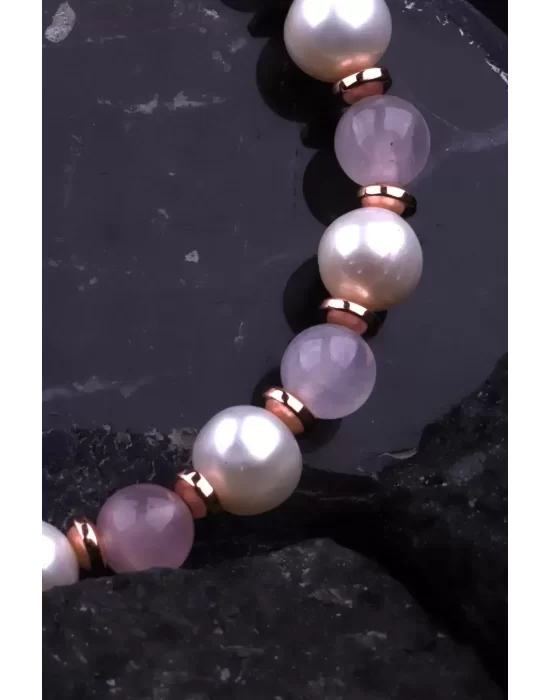 İnci - Hematit - Pembe Kuvars Doğal Taş Tasarım Bileklik, Gemstone Bracelet