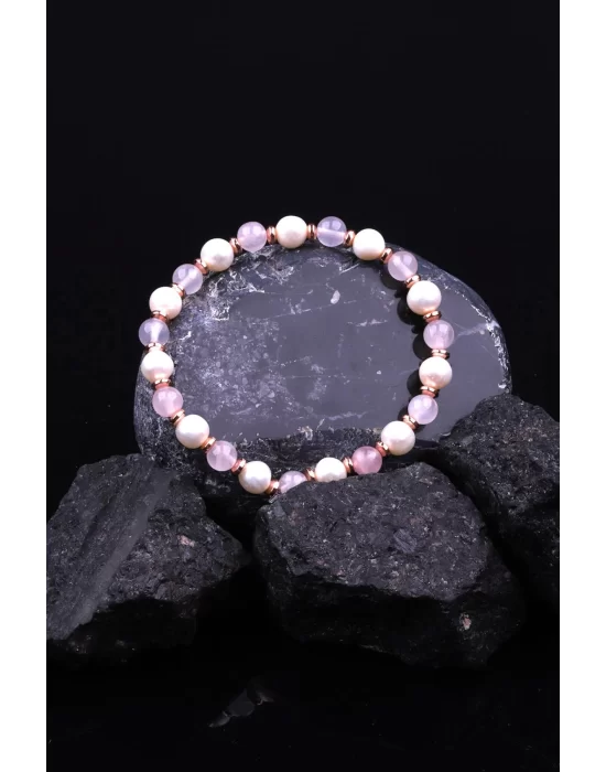 İnci - Hematit - Pembe Kuvars Doğal Taş Tasarım Bileklik, Gemstone Bracelet