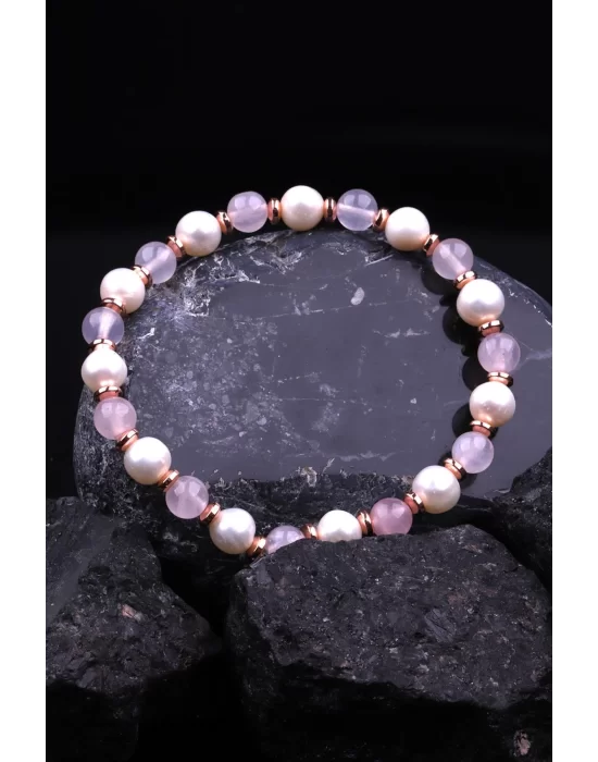 İnci - Hematit - Pembe Kuvars Doğal Taş Tasarım Bileklik, Gemstone Bracelet