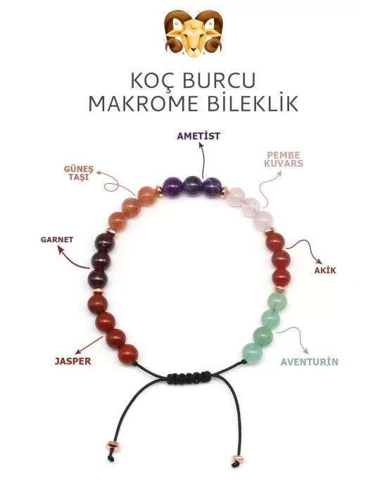 Koç Burcu Taşlarından Oluşan Doğal Taş Makrome Bileklik 6 mm Küre Kesim - Burç Bilekliği - Koç Burçları İçin Özel