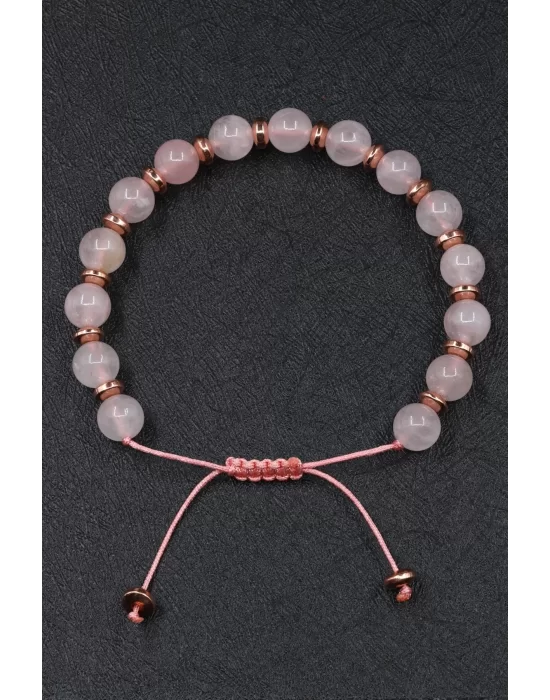 Madagaskar Pembe Kuvars Doğal Taş Makrome Örme Bileklik, Gemstone Bracelet