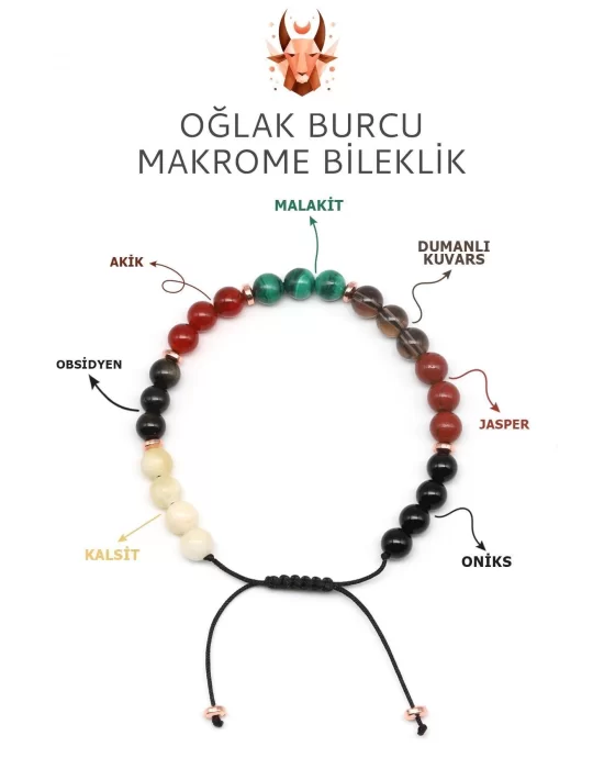 Oğlak Burcu Taşlarından Oluşan Doğal Taş Makrome Bileklik 6 mm Küre Kesim - Burç Bilekliği - Oğlak Burçları İçin Özel