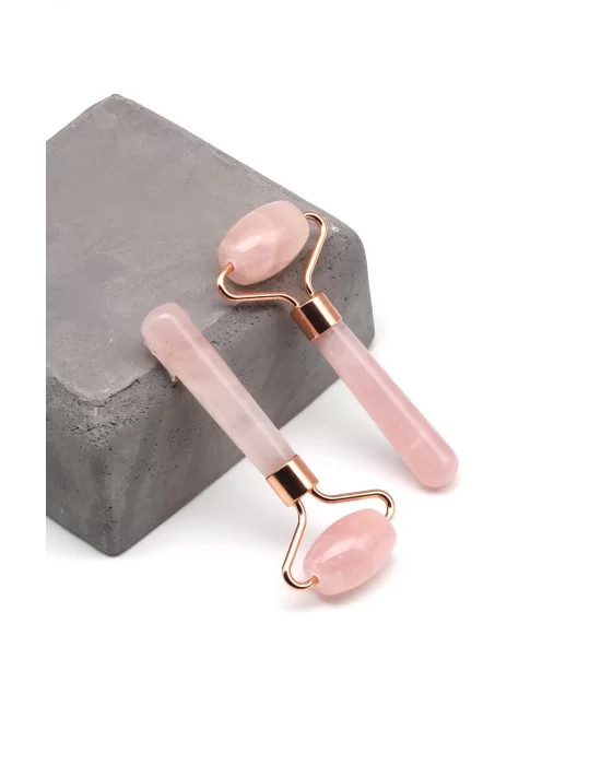 Pembe Kuvars Doğal Taş Masaj Taşı Gold Renkli - Face Roller