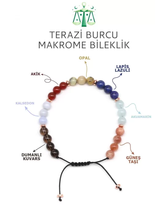 Terazi Burcu Taşlarından Oluşan Doğal Taş Makrome Bileklik 6 mm Küre Kesim - Burç Bilekliği - Terazi Burçları İçin Özel