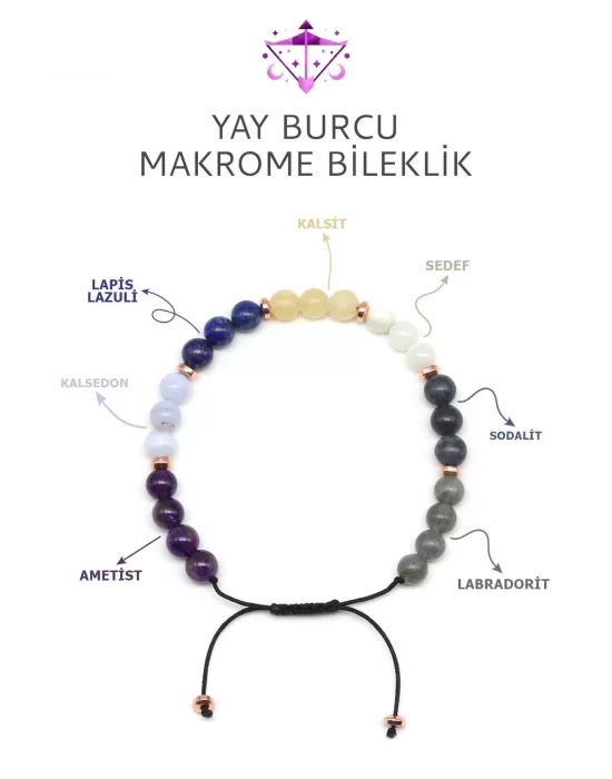 Yay Burcu Taşlarından Oluşan Doğal Taş Makrome Bileklik 6 mm Küre Kesim - Burç Bilekliği - Yay Burçları İçin Özel