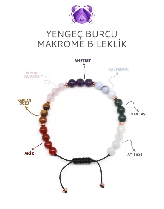 Yengeç Burcu Taşlarından Oluşan Doğal Taş Makrome Bileklik 6 mm Küre Kesim - Burç Bilekliği - Burç Bilekliği - Yengeç Burçları İçin Özel