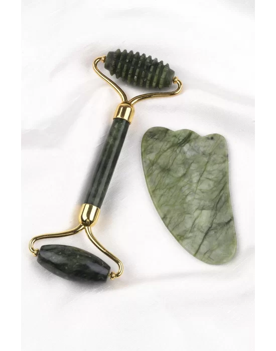 Yeşim Doğal Taş 2li Özel Kutulu Set Face Roller + Gua Sha Masaj Taşı