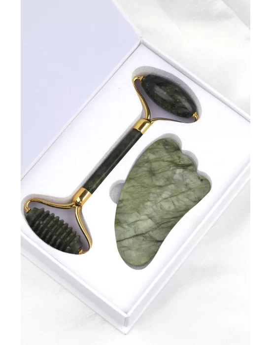 Yeşim Doğal Taş 2li Özel Kutulu Set Face Roller + Gua Sha Masaj Taşı