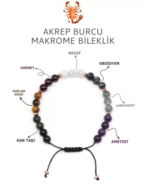 Akrep Burcu Taşlarından Oluşan Doğal Taş Makrome Bileklik 6 mm Küre Kesim - Burç Bilekliği - Akrep Burçları İçin Özel