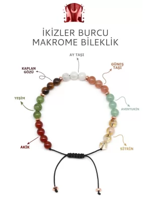 İkizler Burcu Taşlarından Oluşan Doğal Taş Makrome Bileklik 6 mm Küre Kesim - Burç Bilekliği - İkizler Burçları İçin Özel