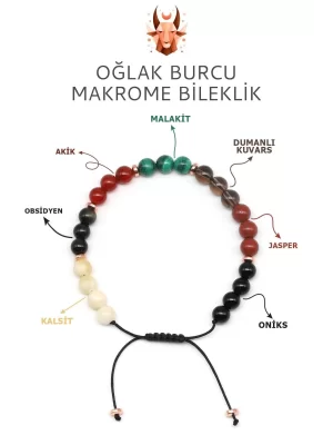 Oğlak Burcu Taşlarından Oluşan Doğal Taş Makrome Bileklik 6 mm Küre Kesim - Burç Bilekliği - Oğlak Burçları İçin Özel