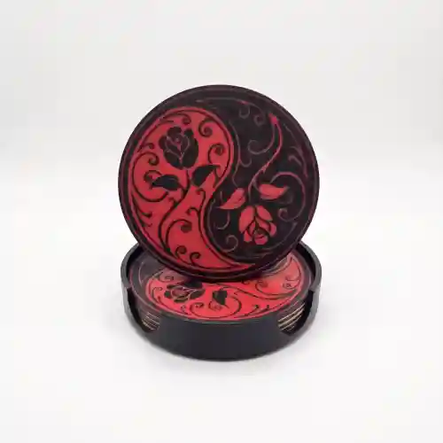 Riti Design - Yin Yang Gül - 3D Tasarım 4lü Bardak Altlığı Seti