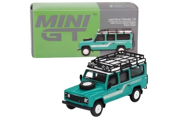 Mini GT 1/64 Land Rover Defender 110 1985 County Station Wagon Trident Green