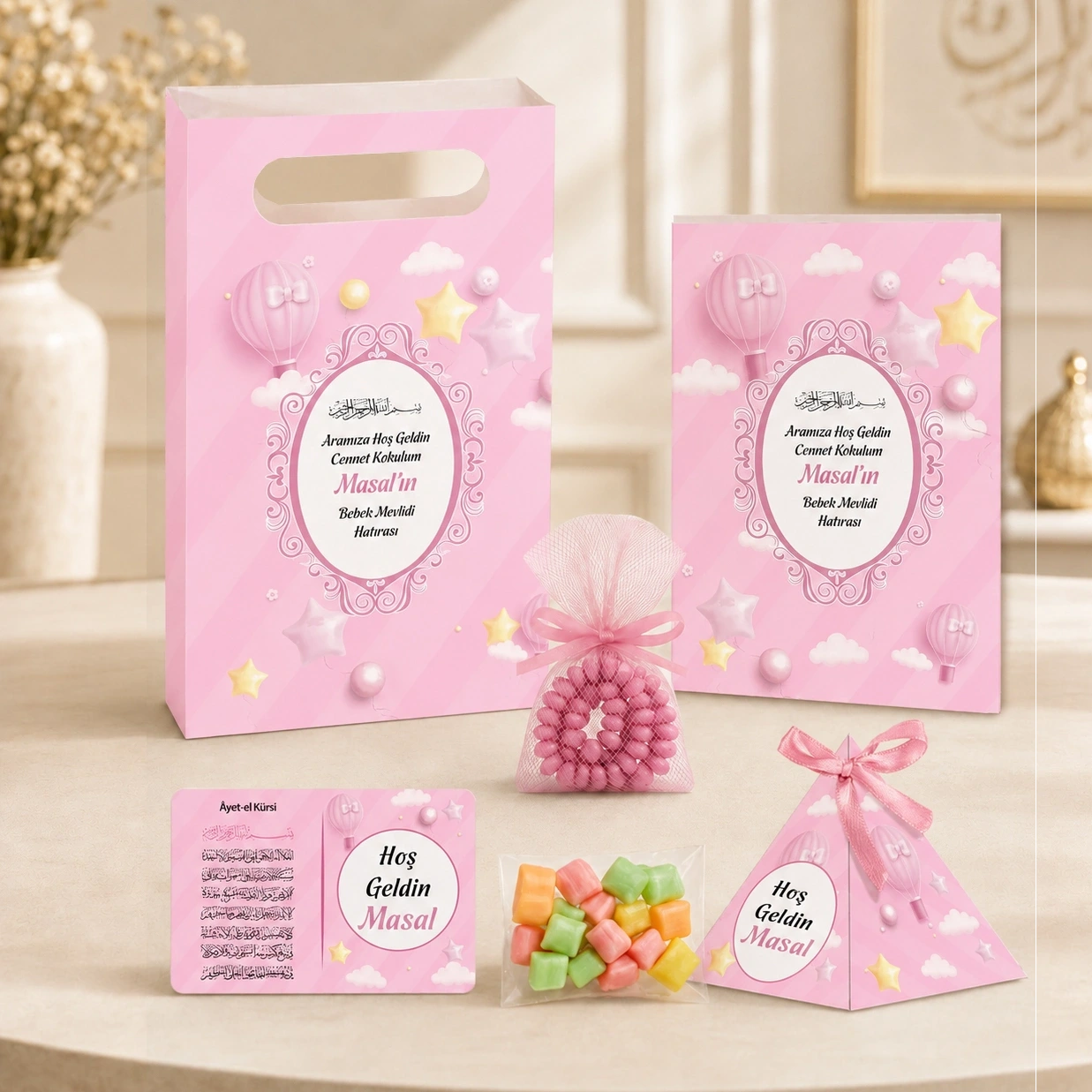 Balon Model Pembe Renkli Yasin Kitabı, Piramit Külah, Mevlüt Şekeri, Ayet-el Kürsi Magnet, Karton Çanta ve Tesbih