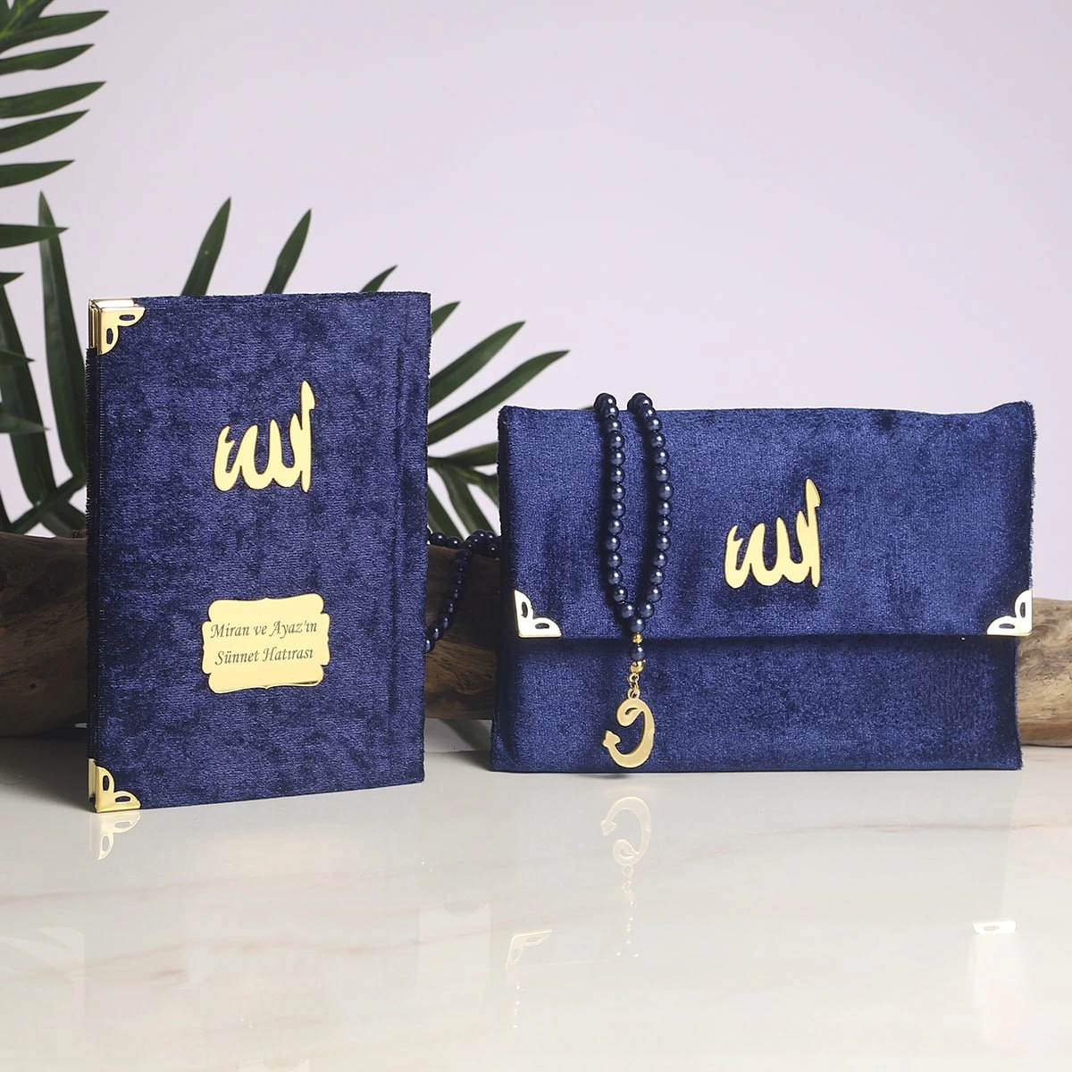 64 Sayfa Lacivert Kadife Kumaş Çanta + Yasin + Tesbih