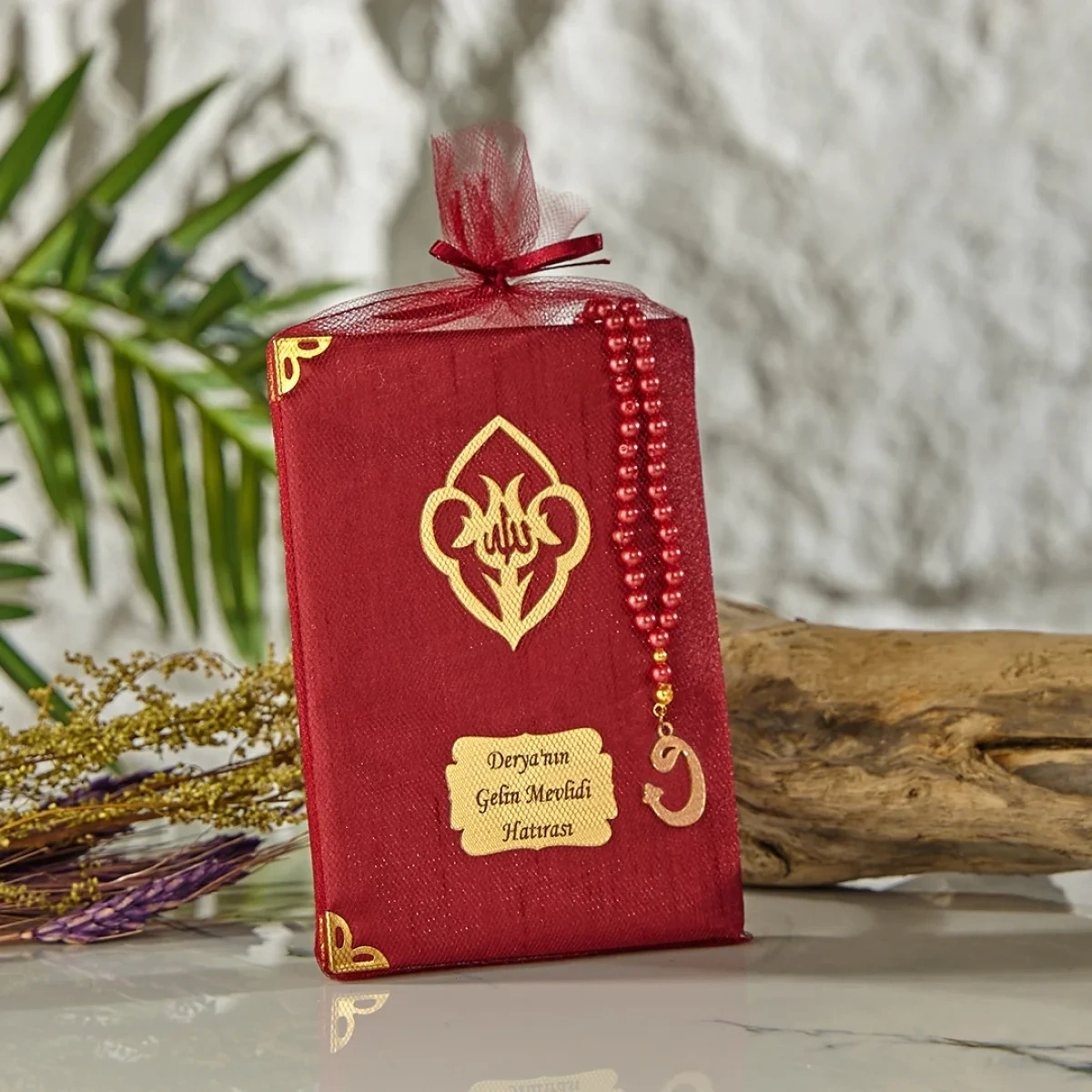 64 Sayfa Bordo Kese ve İnci Tesbihli Şantuk Yasin