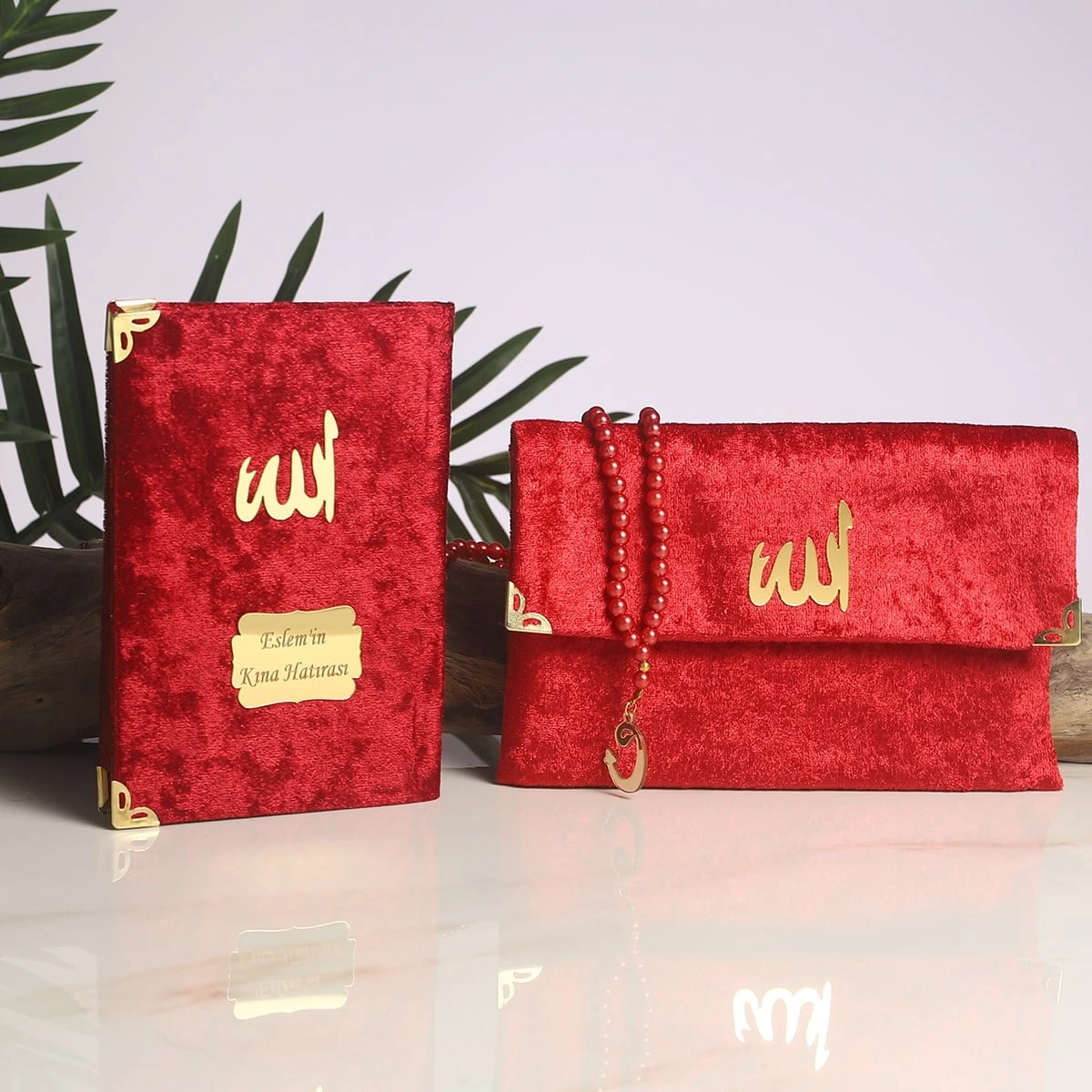 64 Sayfa Bordo Kadife Kumaş Çanta + Yasin + Tesbih