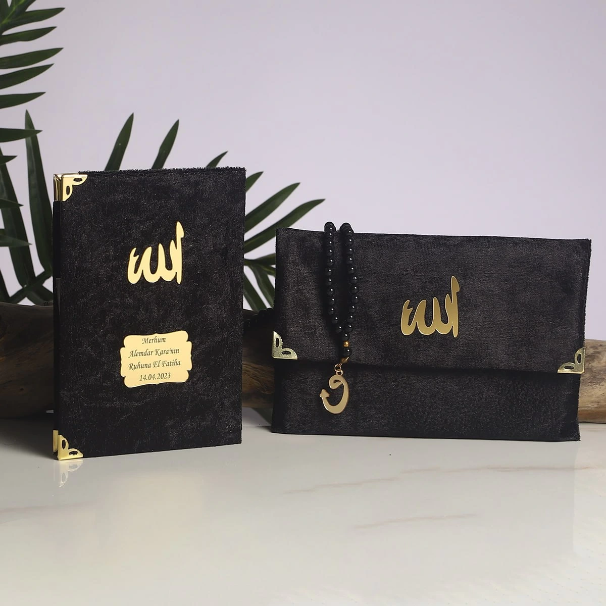 64 Sayfa Siyah Kadife Kumaş Çanta + Yasin + Tesbih