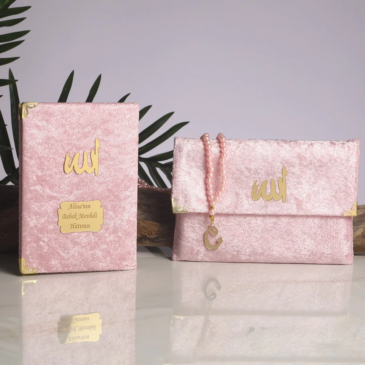 64 Sayfa Pembe Kadife Kumaş Çanta + Yasin + Tesbih