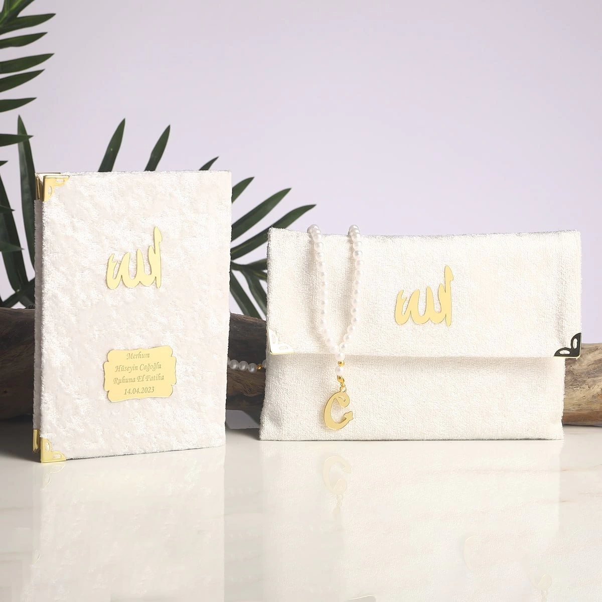 64 Sayfa Krem Kadife Kumaş Çanta + Yasin + Tesbih