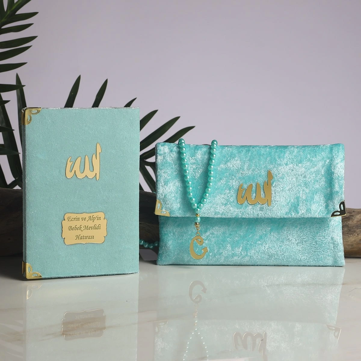 64 Sayfa Su Yeşili Kadife Kumaş Çanta + Yasin + Tesbih